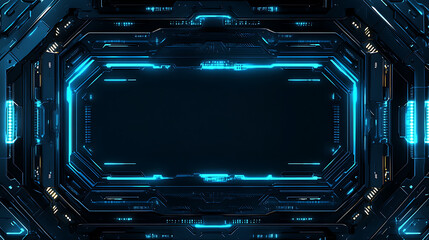 Blue Cyber Tunnel Interior With Digital Frame And Neon Light Perspective View