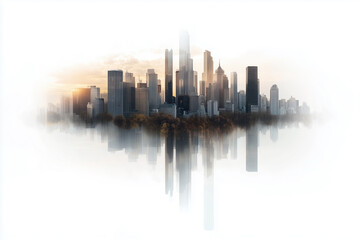 Fototapeta premium panoramic view of vibrant urban skyline reflecting on water, showcasing modern architecture and serene atmosphere during sunset