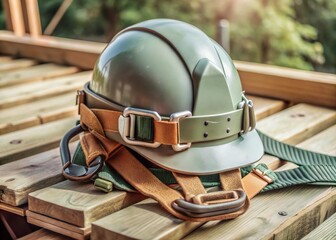 A Sturdy Olive-green Work Helmet Rests On Weathered Wood, Hinting At A Days End And The Quiet Strength Of Dedicated Labor, Bathed In Warm, Sun-dappled Light