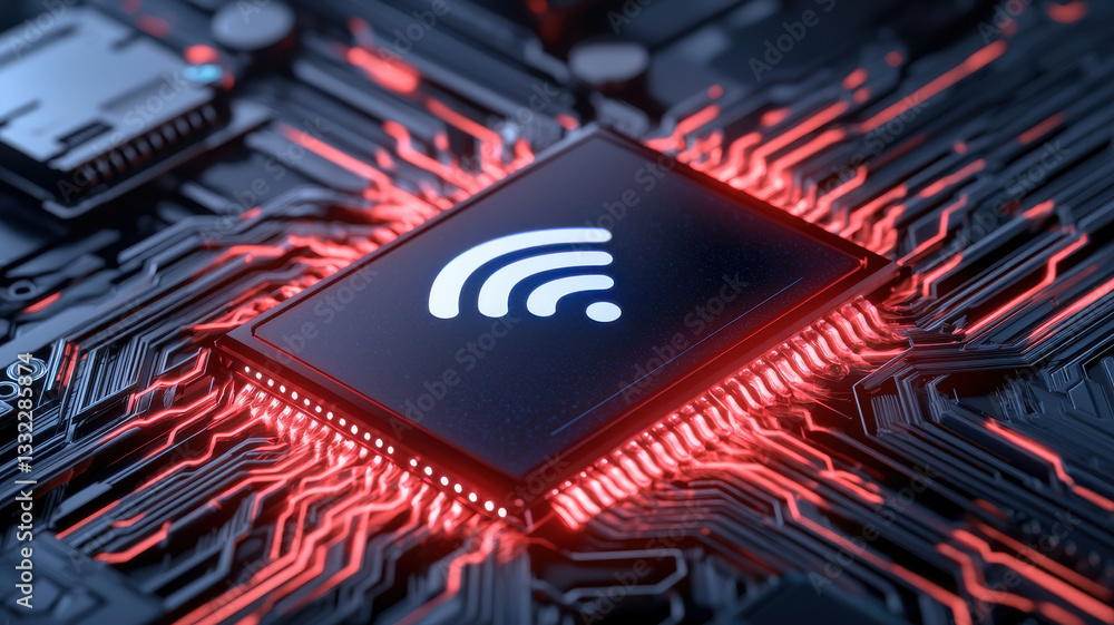 Poster wireless technology and future wifi concept, high tech wifi signal icon on circuit board with glowin
