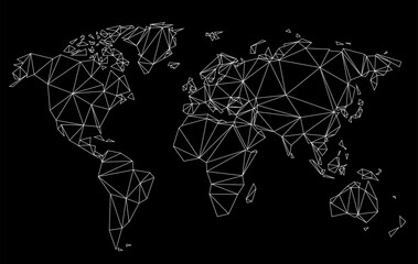 Simple low poly world map with white lines on black background.