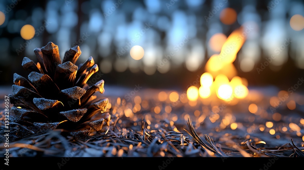 Aufkleber pine cone on forest ground with glowing campfire bokeh lights in background creating magical evening