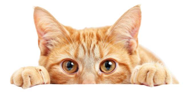 Ginger kitten peeking over blank surface with transparent background