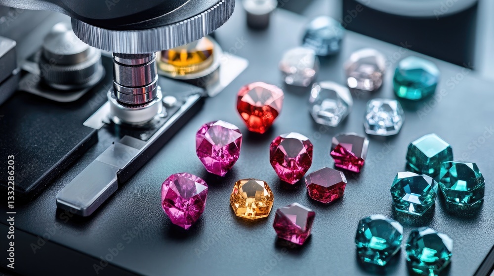Poster a selection of high-quality colored gemstones placed under a microscope for precision grading.