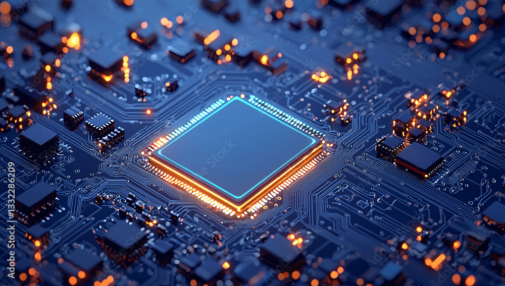Poster closeup view of a modern computer motherboard with a central processing unit glowing brightly