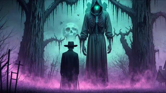 Halloween horror featuring Dracula, a devilish figure, transforming into an evil creature. The chilling scene captures a malevolent being undergoing a dark and sinister transformation