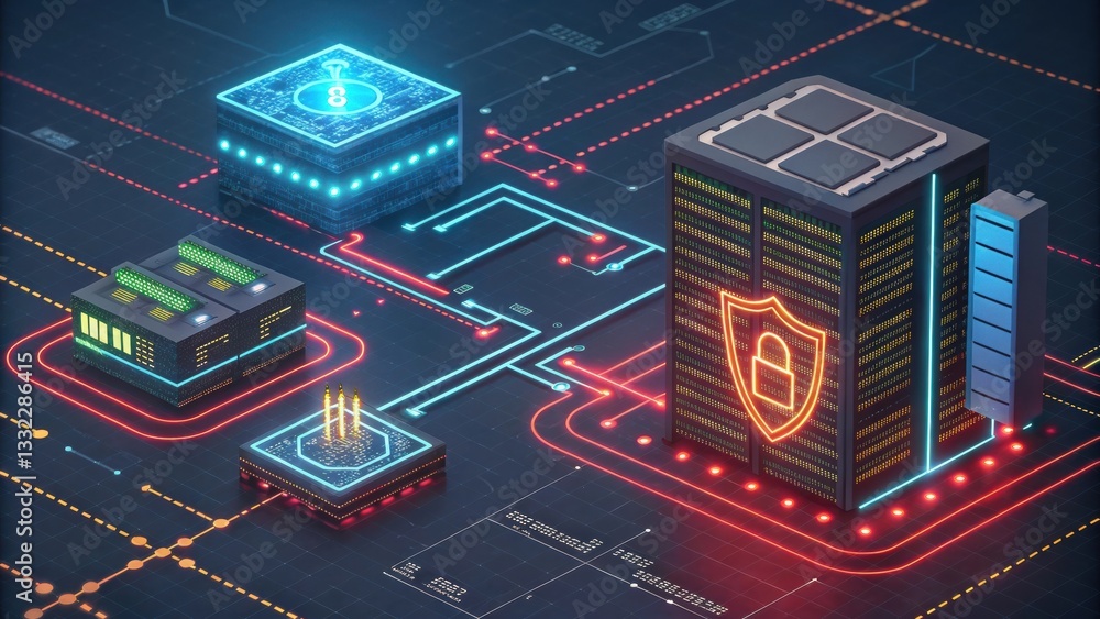Poster a futuristic digital landscape showcasing a secure building with cyber elements, representing techno