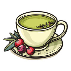 Herbal Green Tea Cup with Berries - Hand-Drawn Vector Illustration