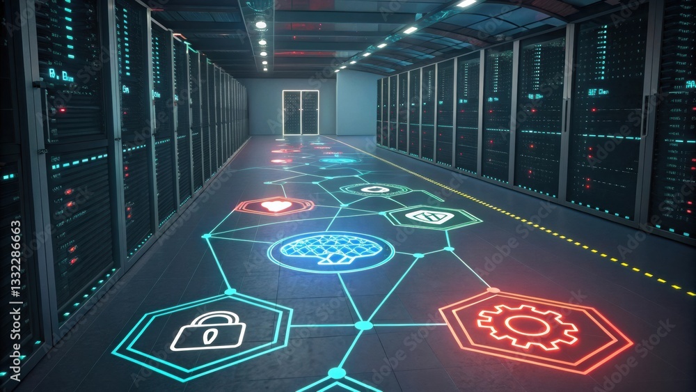 Poster a futuristic data center corridor with glowing network symbols on the floor, surrounded by server ra