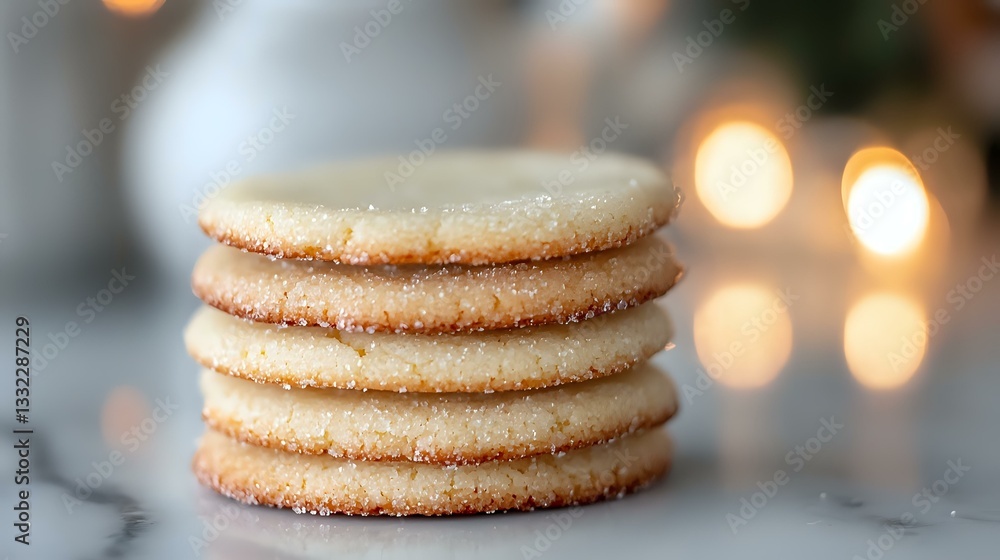 Poster stack of homemade sugar cookies with sparkly crystallized edges on marble surface against soft glowi