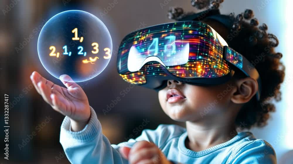 Poster child engages with colorful virtual reality display while exploring numbers in 4k resolution