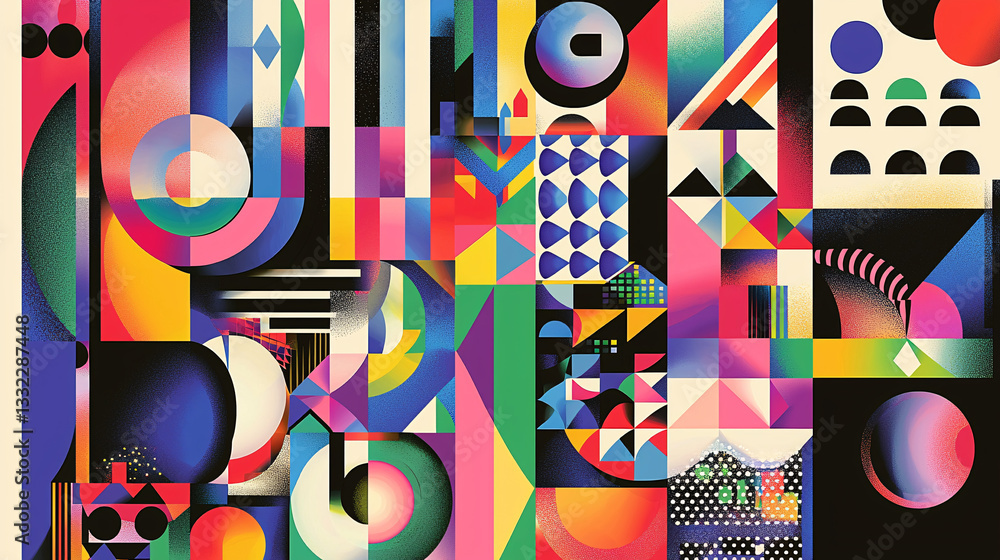 Poster vibrant abstract composition of geometric shapes and patterns in bold colors