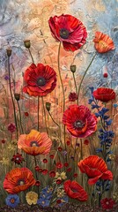 Vibrant textured painting of red poppies