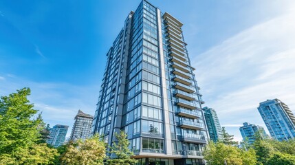 Modern high-rise residential building surrounded by green trees under a clear blue sky in an urban setting with surrounding cityscape in the background
