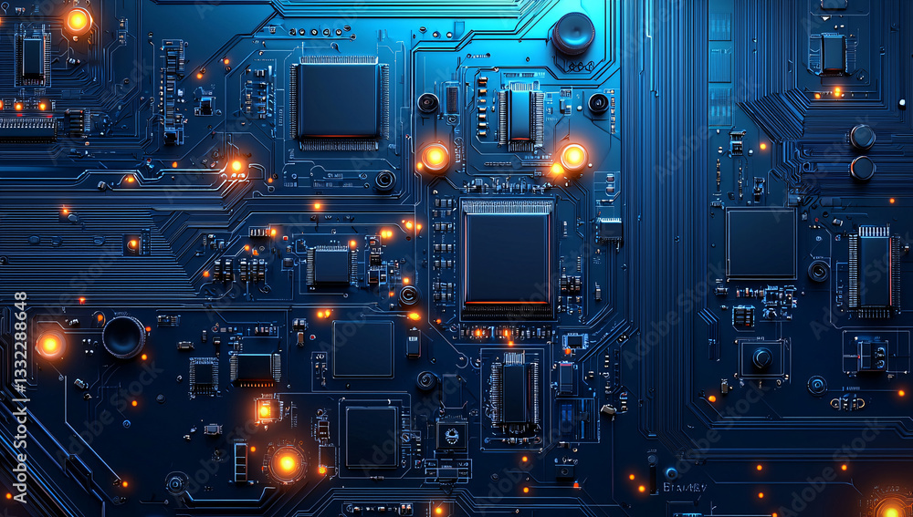 Poster closeup of a complex electronic circuit board with glowing components and intricate pathways