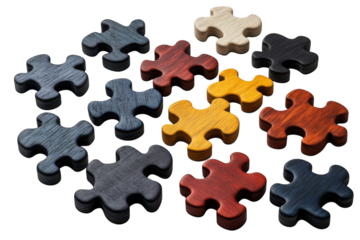 Colorful Wooden Puzzle Pieces Scattered, Symbolizing The Interconnectedness Of Ideas And Solutions, Showcasing A Vibrant And Playful Approach To Problem-solving With Rich Wood Grain Texture Isolated o