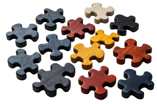 Colorful Wooden Puzzle Pieces Scattered, Symbolizing The Interconnectedness Of Ideas And Solutions, Showcasing A Vibrant And Playful Approach To Problem-solving With Rich Wood Grain Texture Isolated o