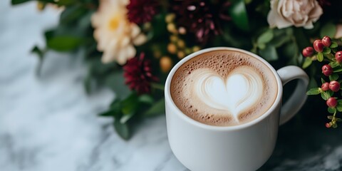 White ceramic cup of cappuccino with heart-shaped latte art foam, surrounded by blurred floral arrangement on marble surface, creating romantic mood.