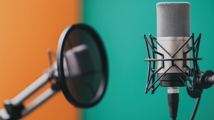 Professional microphones in a vibrant studio setting capturing the essence of sound and creativity with colorful backdrops