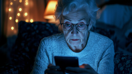 Panic grandma elder woman in glasses was scam and fraud by online social media internet cyber crime.