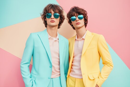 Chic young men in colorful suits with reflected sunglasses against a trendy geometric background for modern fashion promotions