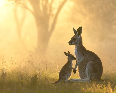 Mother kangaroo grooming her joey on a foggy morning in a riparian zone river gums towering behind them mist creating an ethereal glow shot at f56 for a soft natural look
