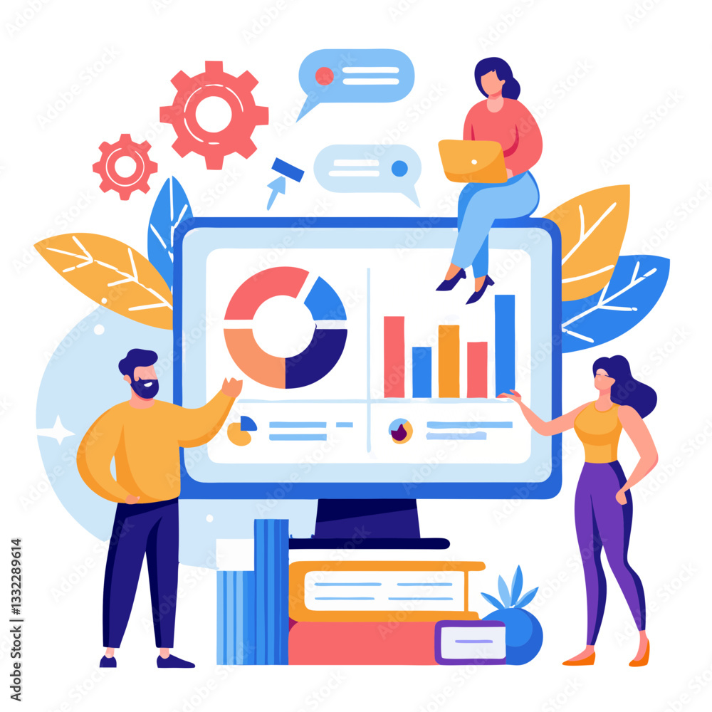 Poster marketers are engaged in a data analysis session, evaluating campaign metrics displayed on a digital