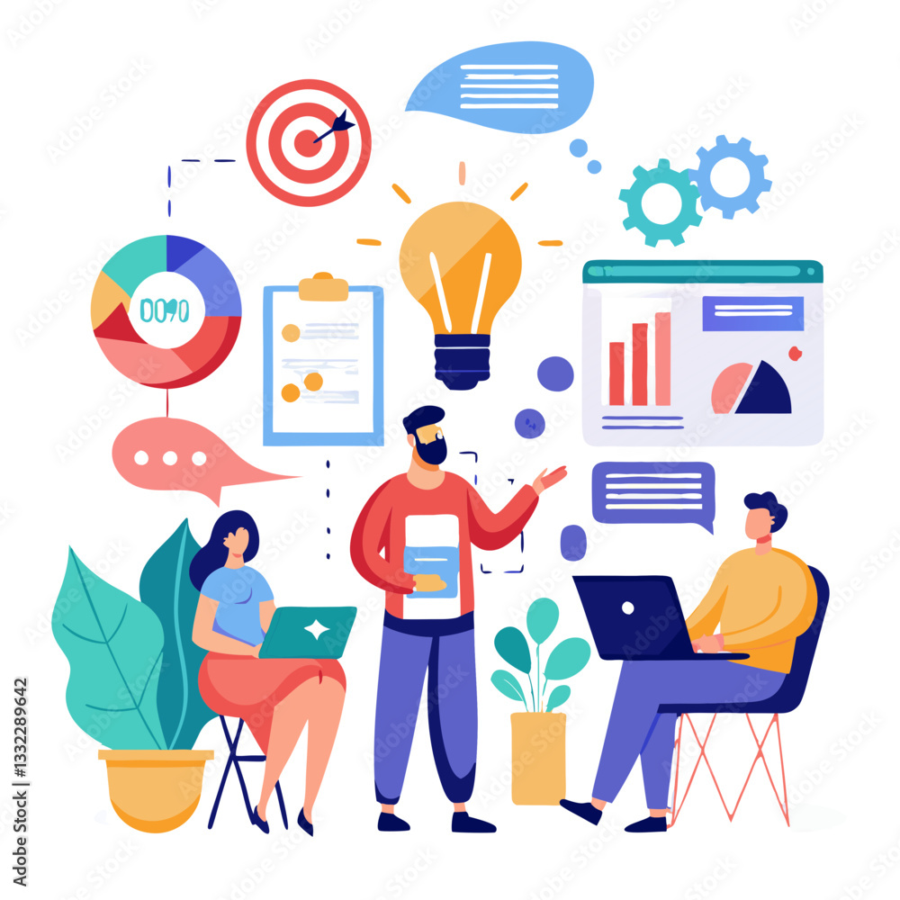 Aufkleber a group of marketers collaborates in an office environment, using laptops and charts to brainstorm i
