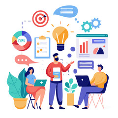 A group of marketers collaborates in an office environment, using laptops and charts to brainstorm ideas for content and advertisements. They focus on data and innovation