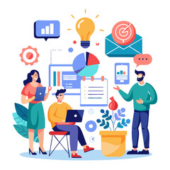 A group of marketers is actively brainstorming ideas for content and advertising strategies. They are surrounded by charts, graphs, and digital devices, creating an engaging atmosphere for creativity