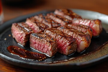 sliced beef steak on black plate.