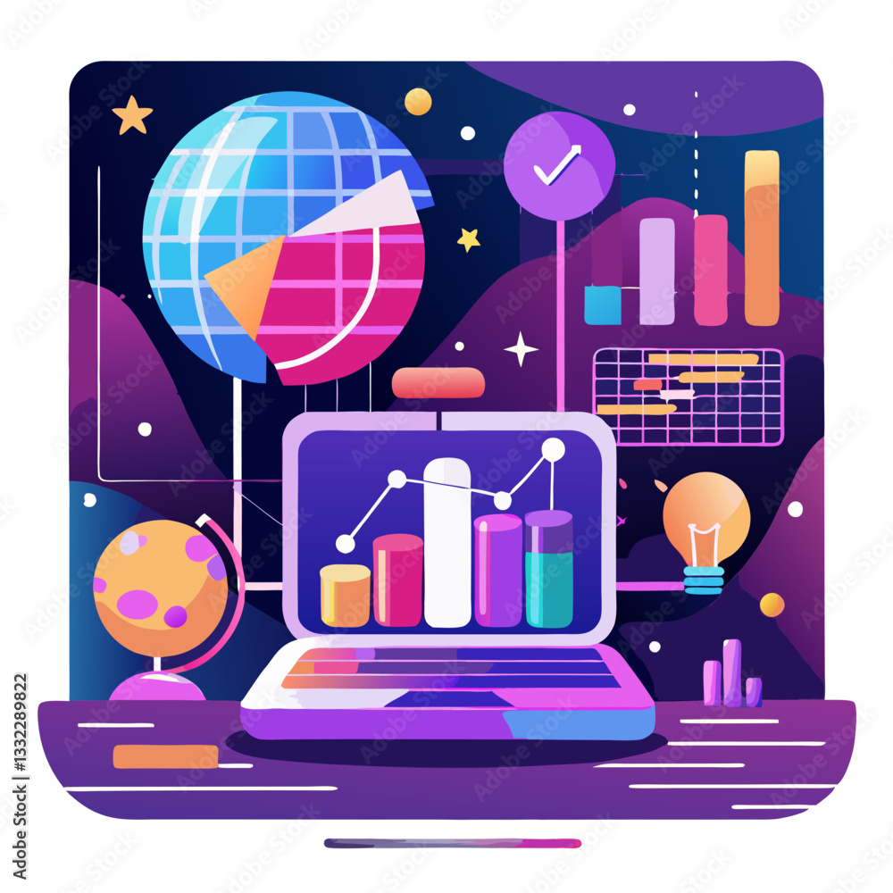 Poster brightly colored predictive analytics charts display trends and insights on a digital laptop. the il