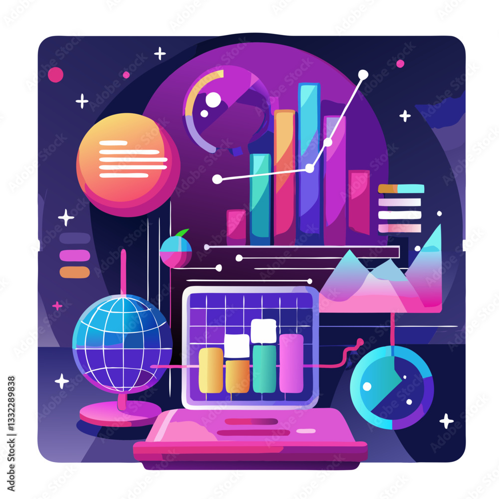 Poster futuristic charts and glowing graphics depict predictive analytics, illustrating data trends and ins