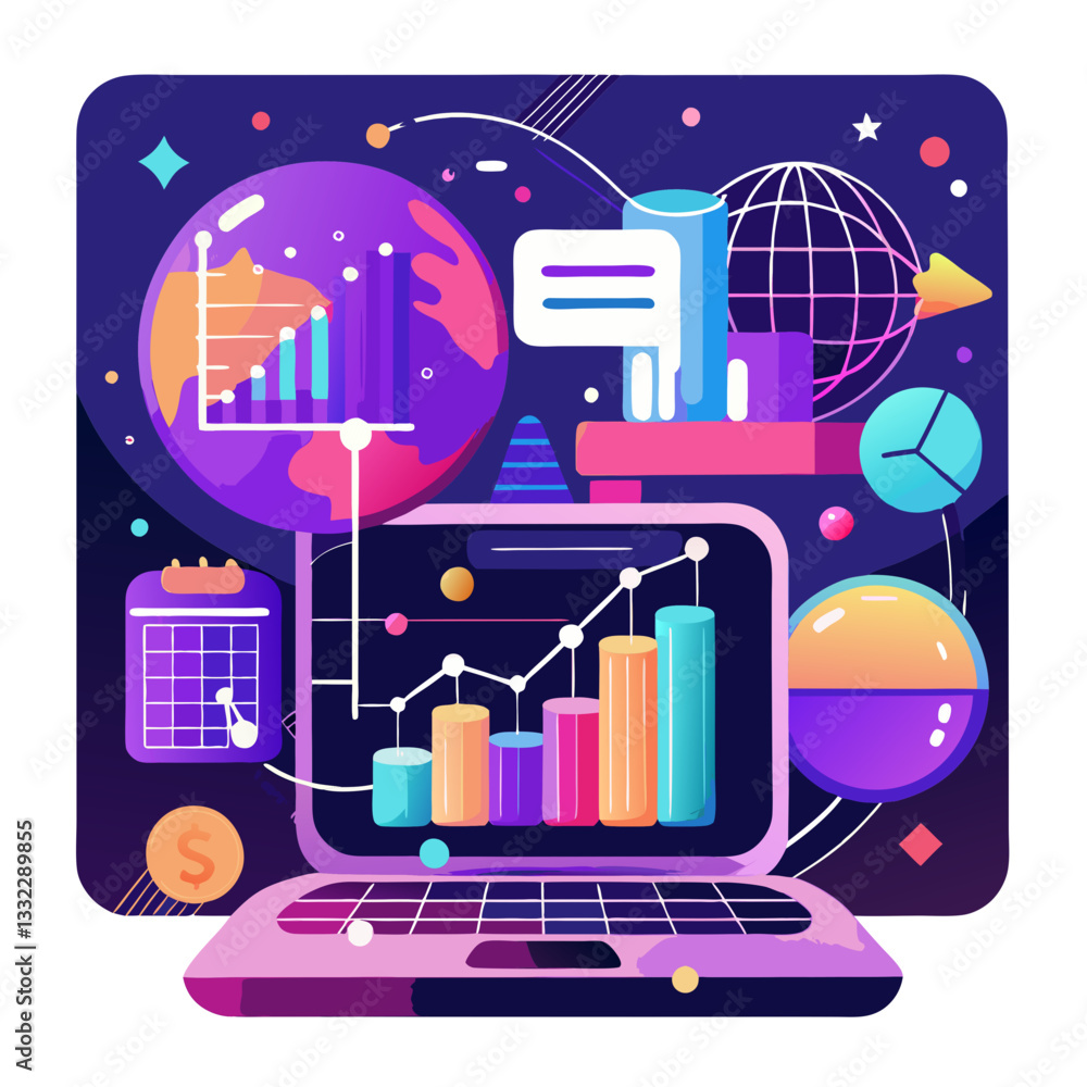 Poster bright and colorful charts glow on a laptop screen, illustrating data trends and insights through pr