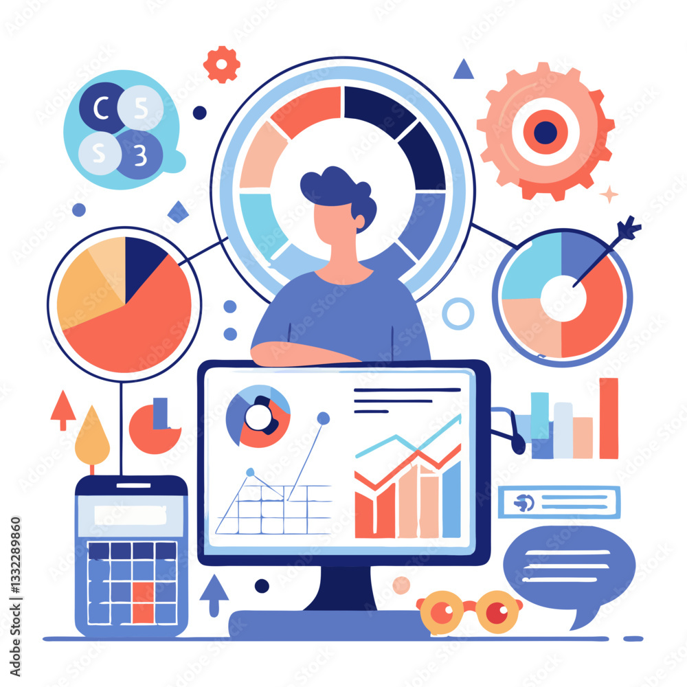 Poster a person stands confidently in front of a computer, analyzing predictive modeling tools. colorful gr
