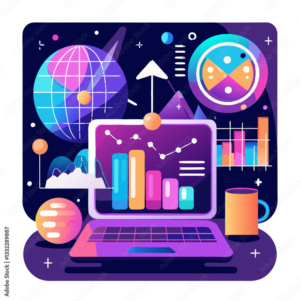 Poster bright and colorful predictive analytics charts on a laptop display a combination of data insights a