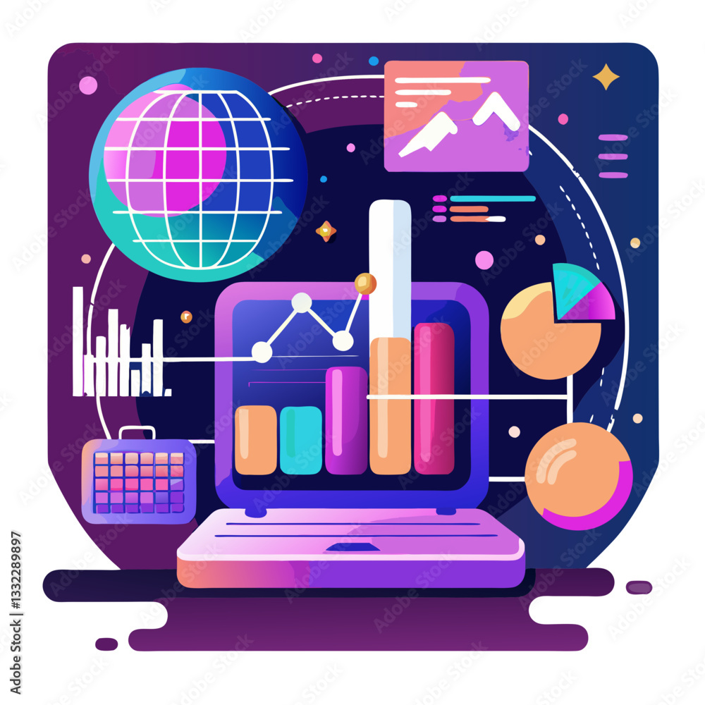 Poster charts showcasing predictive analytics illuminate a digital workspace, with vibrant colors and futur