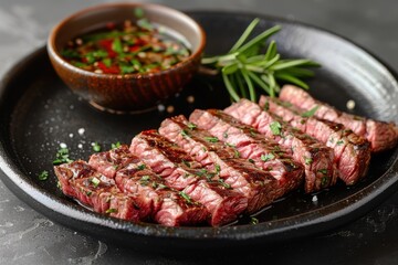 sliced beef steak on black plate.