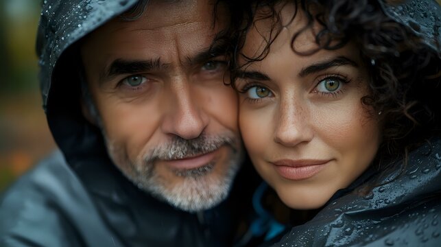 Mature Caucasian man with gray beard and young woman with curly dark hair and blue eyes share intimate moment under rain hood, expressing warmth and connection.