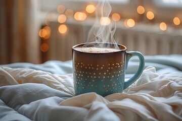 Steam from a warm cup of coffee on the bed in the morning.