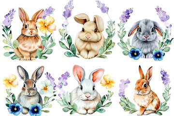 Cute Bunny with Pansy Garland and Floral Frame in Watercolor