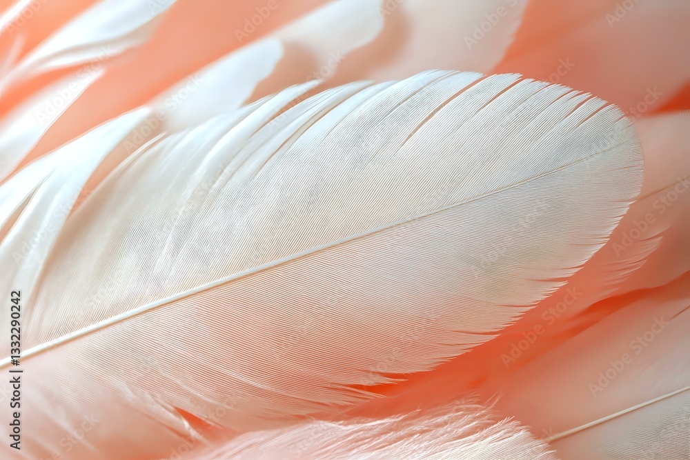 Aufkleber delicate white feather macro shot with soft coral pink background showing detailed texture and gentl