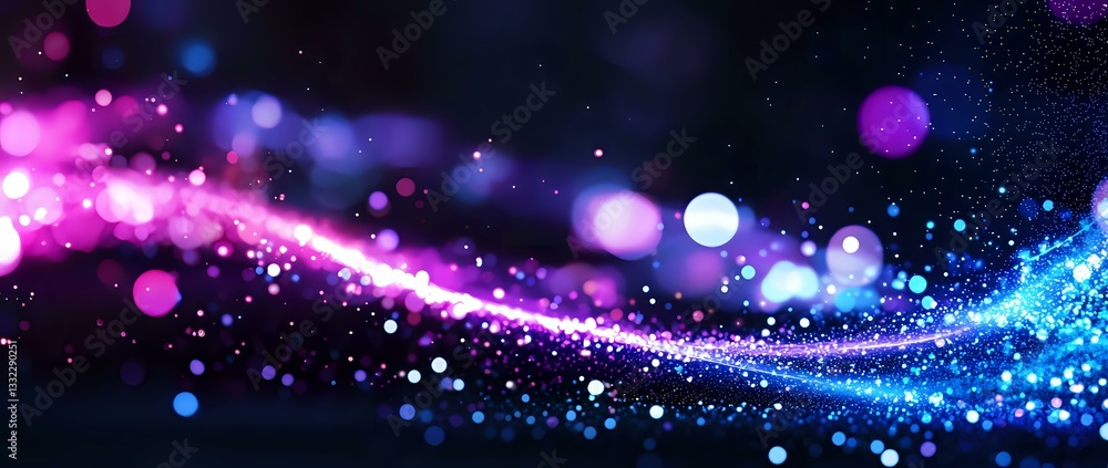 Poster magical glowing wave with sparkling particles in pink and blue colors against dark background, creat
