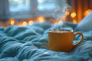 A cup of hot coffee with smoke rising, placed on the bed, morning atmosphere.