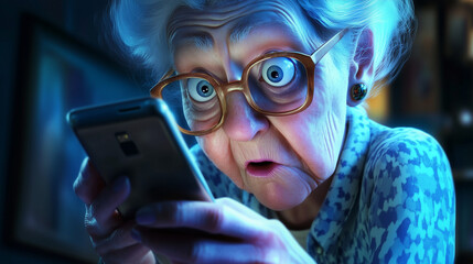 Panic grandma elder woman in glasses was scam and fraud by online social media internet cyber crime in 3D cartoon styled.