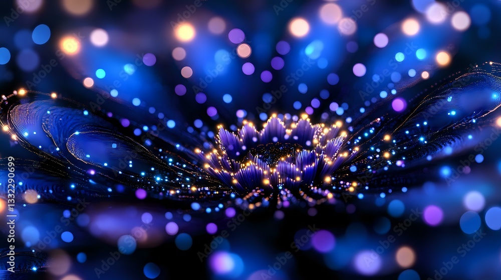 Poster abstract cosmic spiral pattern with glowing blue and gold light particles creating magical ethereal 