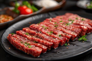 Sliced ​​beef steak on a black plate.