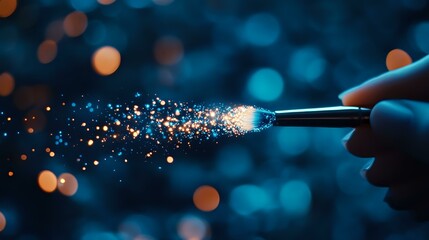 Magical glowing sparkles trail from magic wand against dark blue bokeh background, creating ethereal light effect with orange and gold particles.
