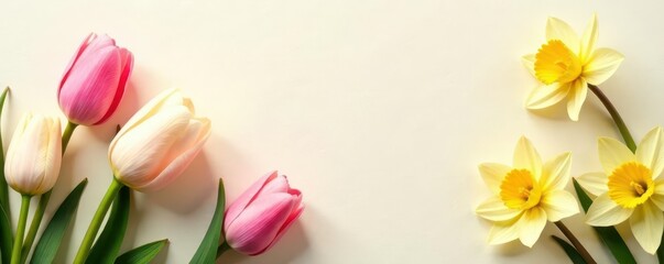 Delicate pastel tulips & daffodils on textured cream paper, gentle, bright