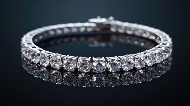 A sparkling diamond tennis bracelet showcased on a glossy black surface under soft lighting.